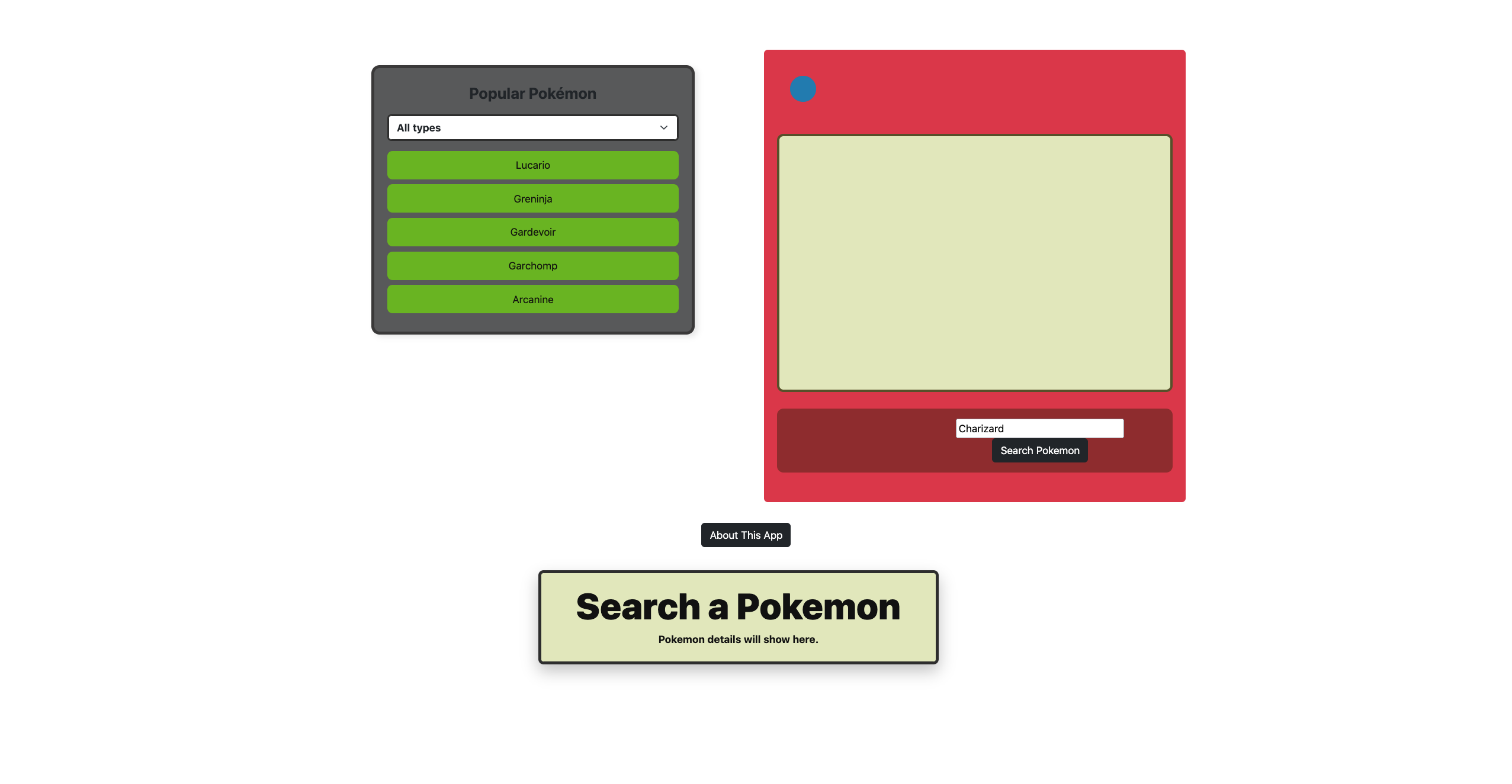 Pokédex app search screen with popular Pokémon list and search area