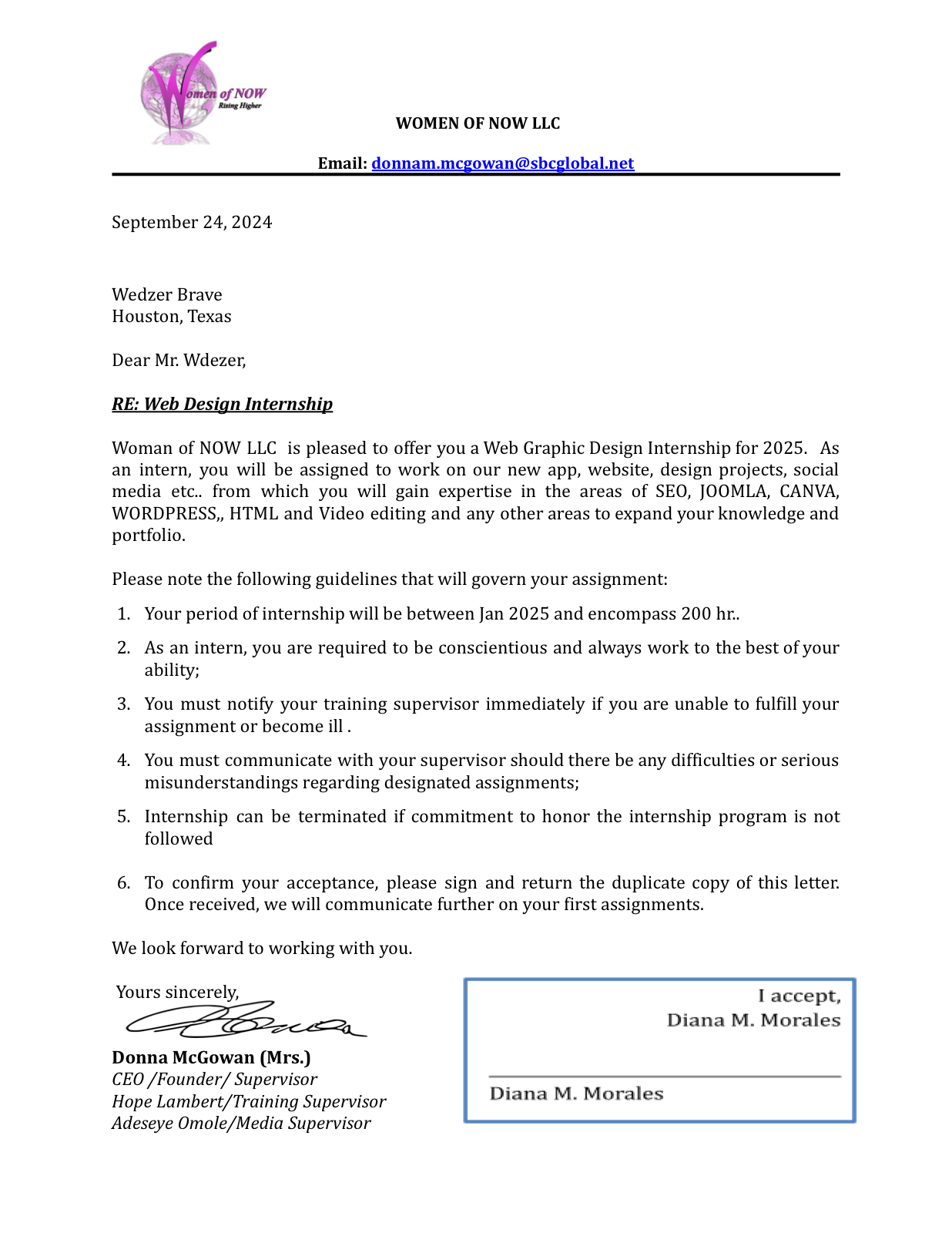 Women of Now internship letter screenshot