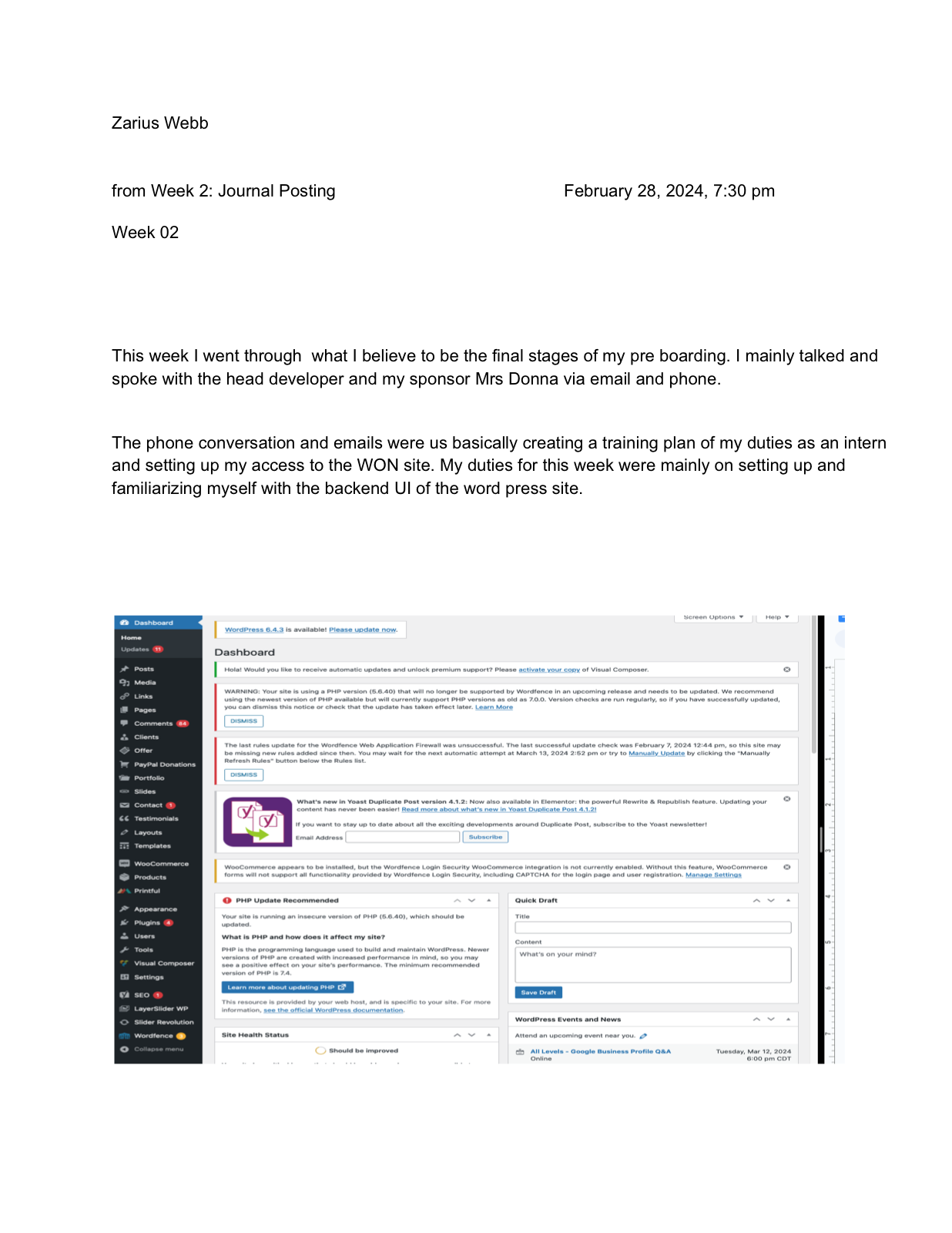 Journal entry showing WordPress backend onboarding for Women of Now
