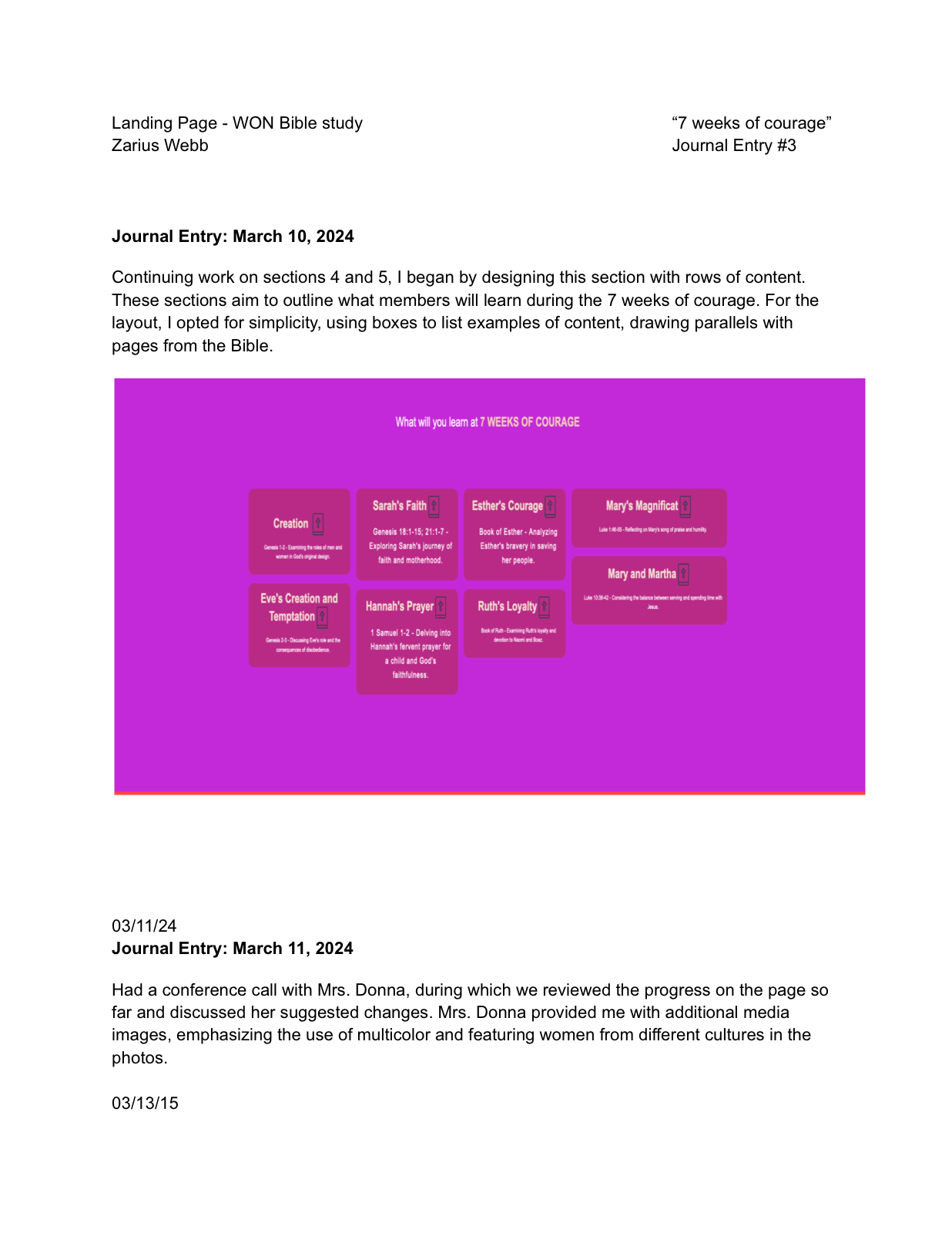 Journal entry showing 7 Weeks of Courage landing page design work